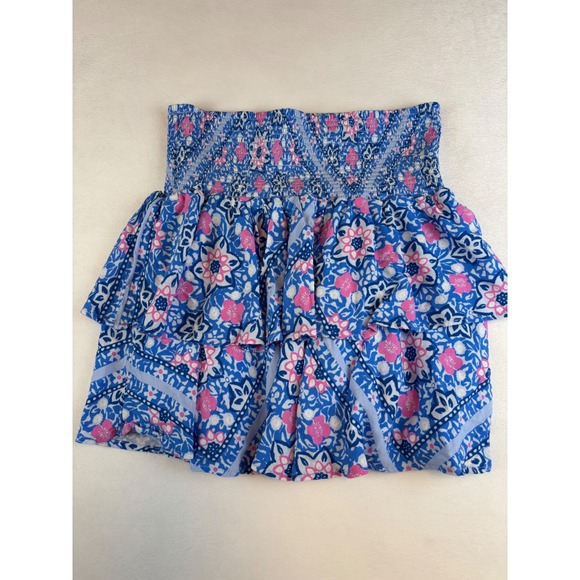 Vineyard Vines Ruffle Mini Skirt Small Smocked Waist Blue Floral‎ Summer Beach - Picture 3 of 8